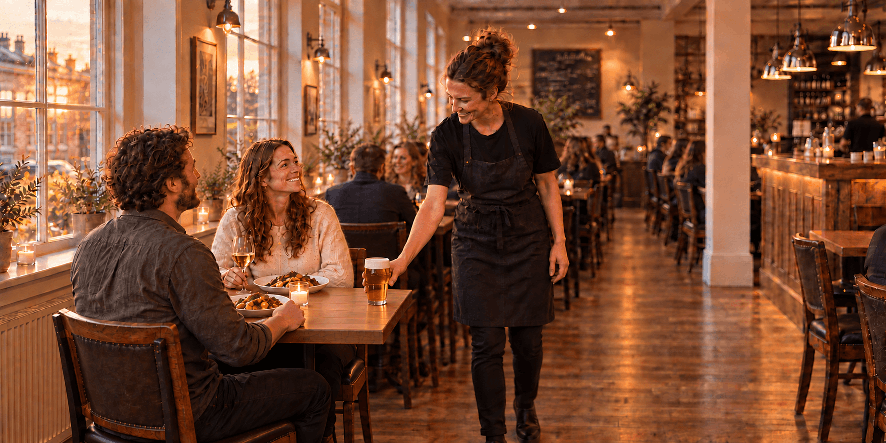 Two guests having dinner as a server brings a drink in a lively restaurant