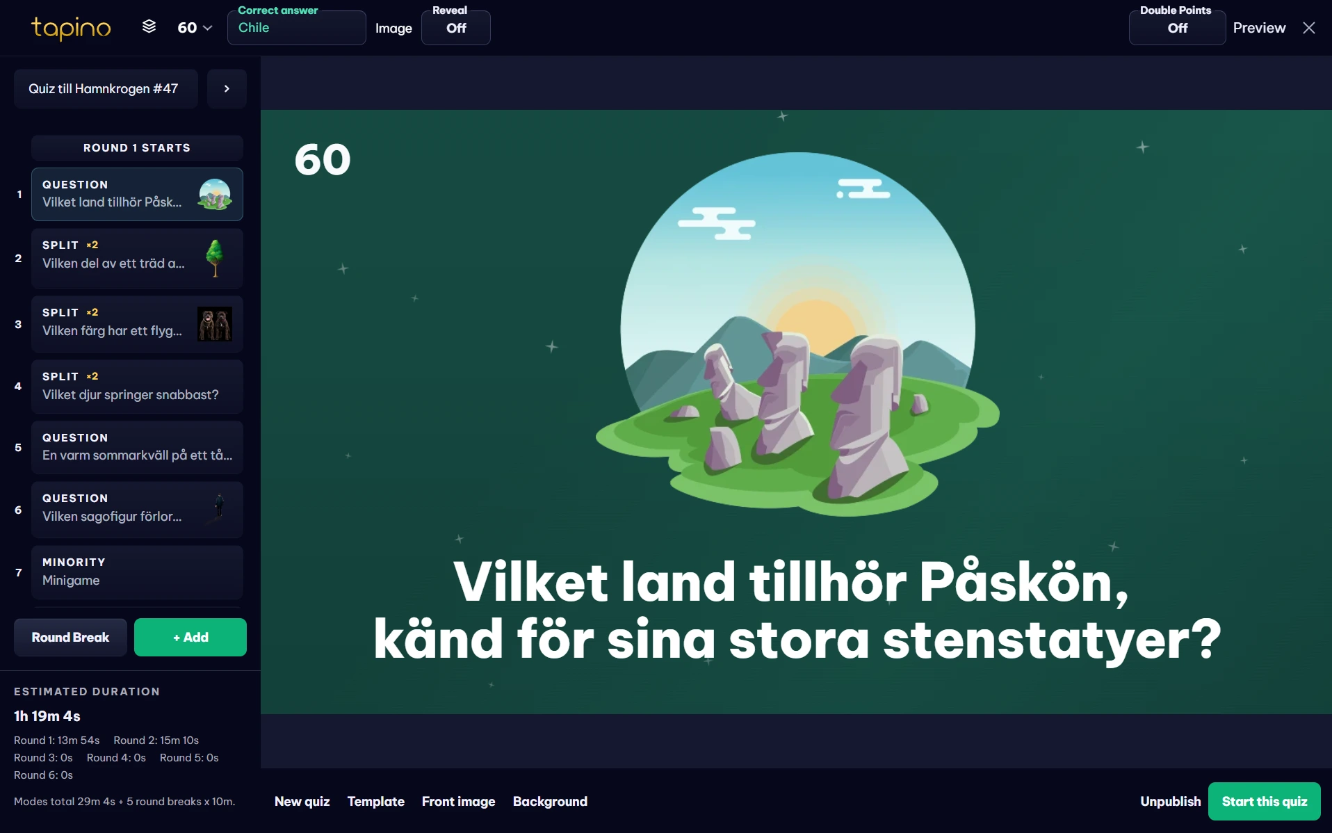Tapino quiz editor showing an existing quiz, its question list, answer and timer controls